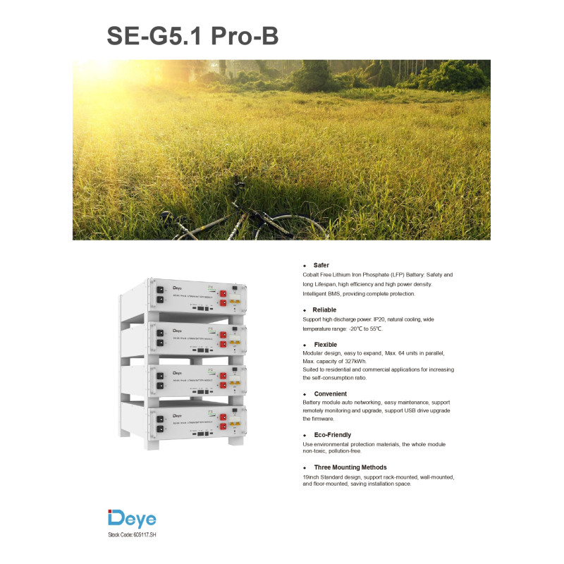 Акумуляторна батарея Deye SE-G5.1 Pro-B LiFePO4 5.12 кВт 51.2V 100Ah