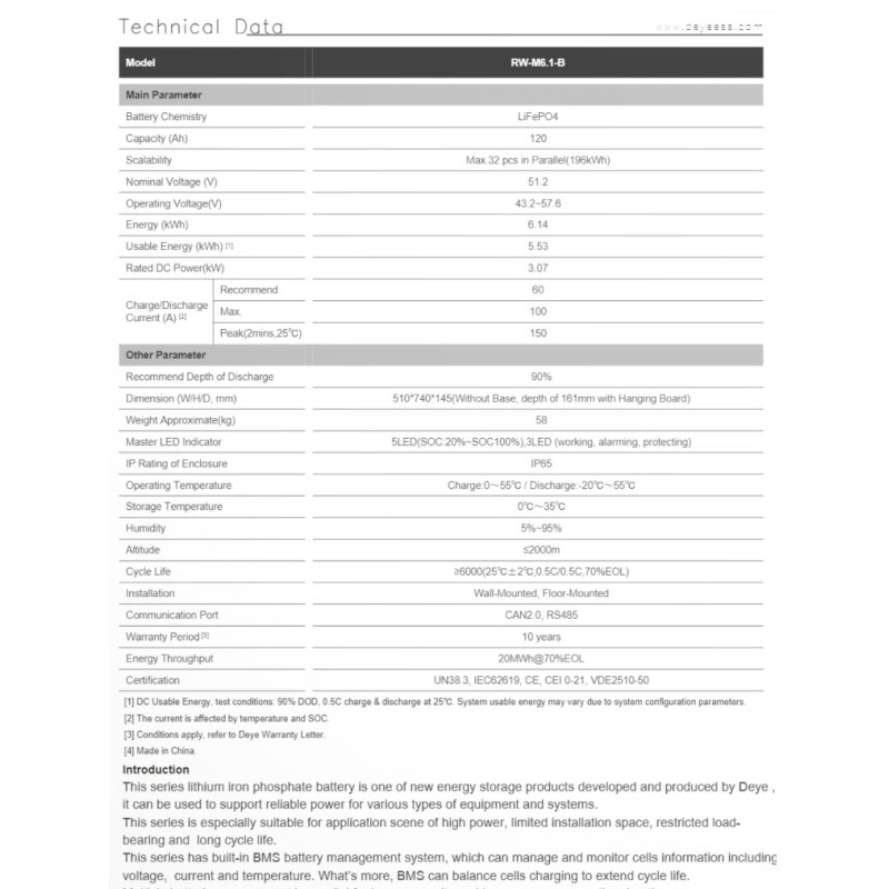 Акумуляторна батарея 6,14кВт Deye 48V 120AH RW-M6.1 LiFePO4 6000 циклів