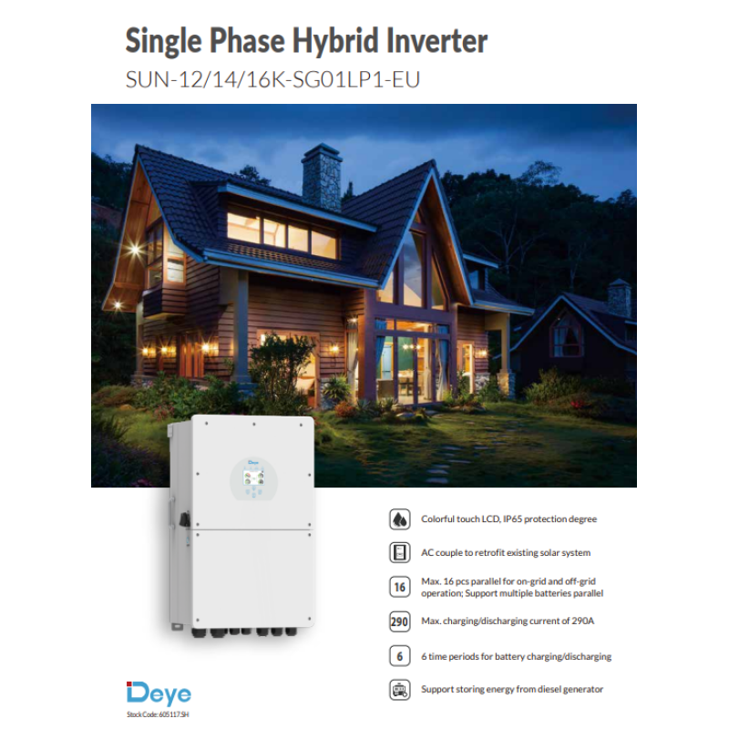 Гібридний інвертор Deye SUN-16K-SG01LP1-EU 16кВт 1 фаза